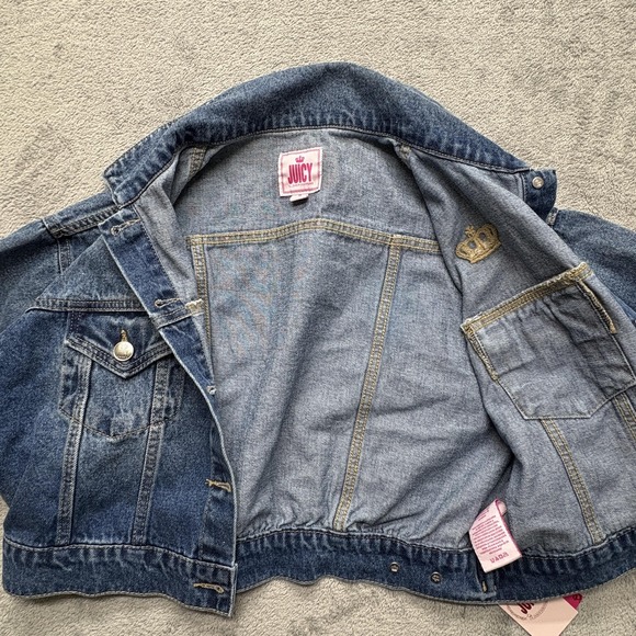 Juicy Couture Denim Jacket‎ Womens Medium Cropped Crown Embroidery Distressed - Picture 5 of 7